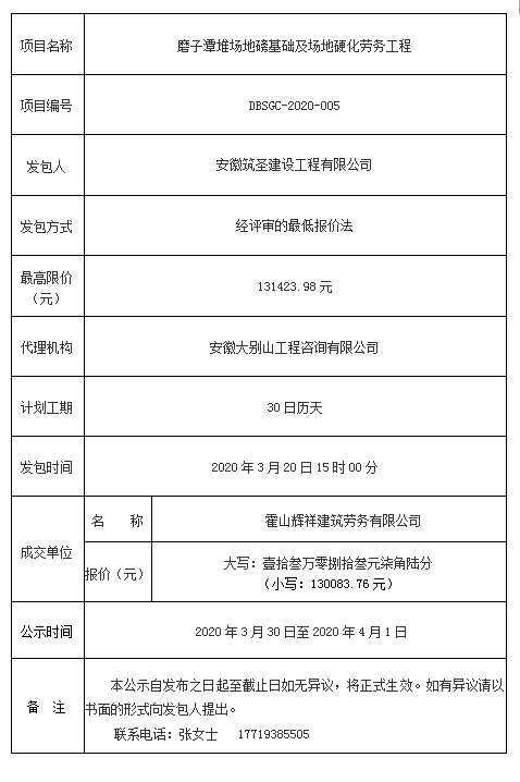 DBSGC-2020-005磨子潭堆場(chǎng)地磅基礎(chǔ)及場(chǎng)地硬化勞務(wù)工程成交公告