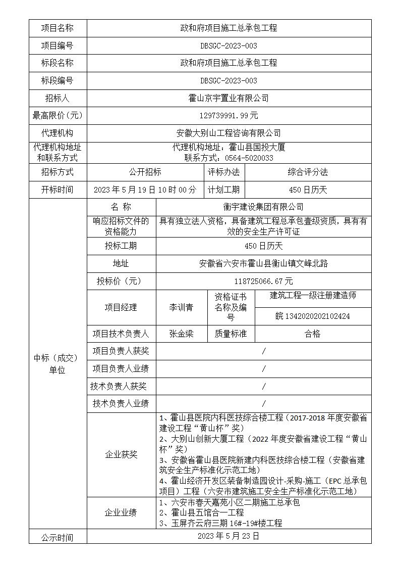 DBSGC-2023-003 政和府項(xiàng)目施工總承包工程中標(biāo)結(jié)果公示