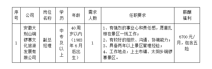 安徽大別山銅鑼寨文化旅游發(fā)展有限公司公開招聘臨時(shí)工作人員公告（三）